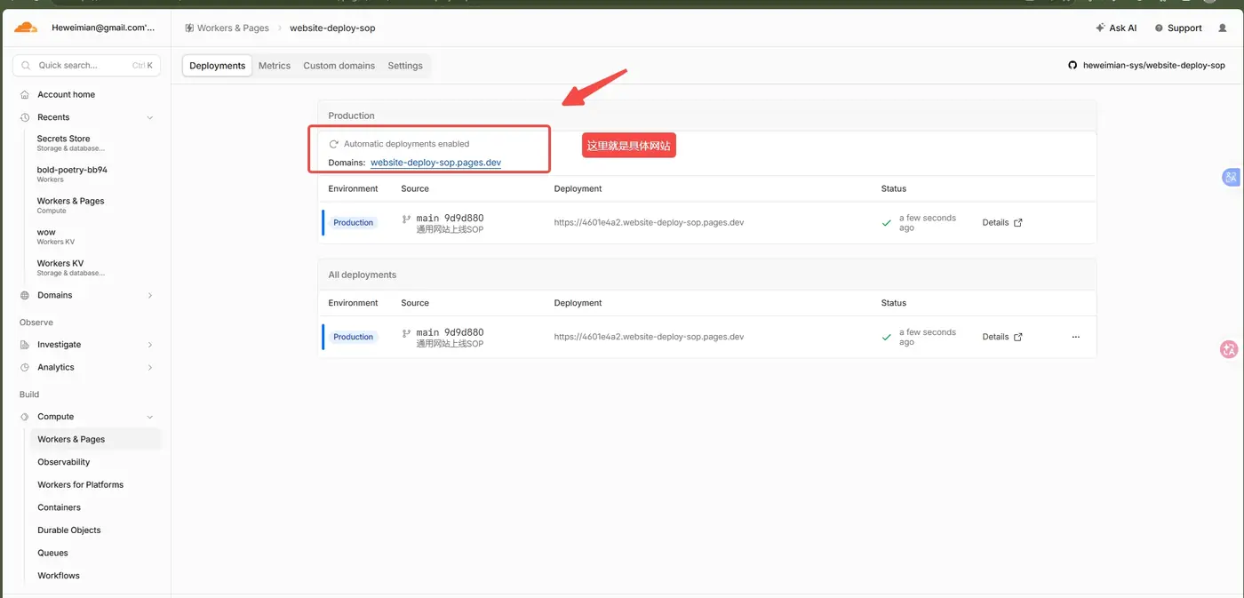 Cloudflare Pages 部署详情页面显示正式域名